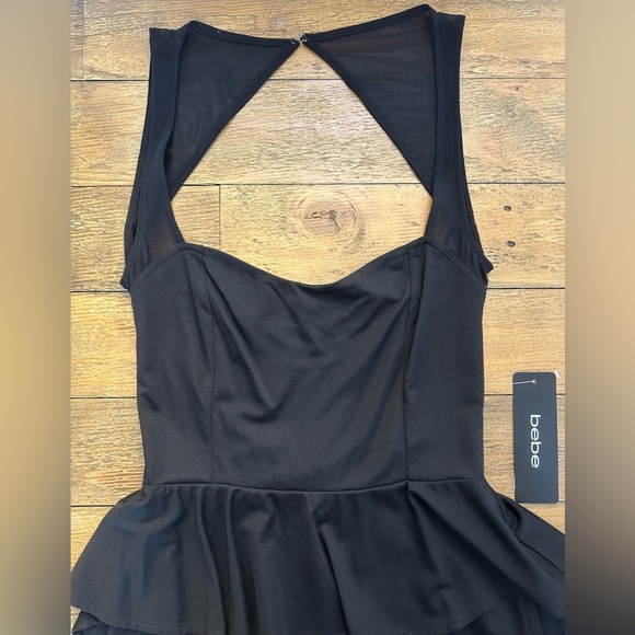 BEBE Black Peplum Bodycon Cocktail Mini Dress Open Back Sweetheart Neckline - Picture 8 of 13